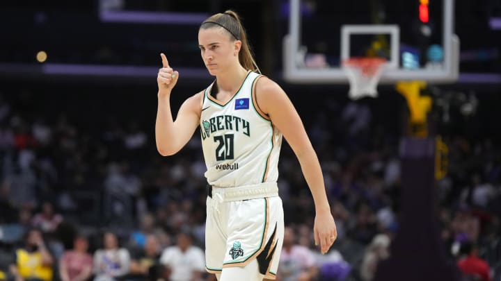 Liberty guard Sabrina Ionescu gestures during a game against the L.A. Sparks at Crypto.com Arena.