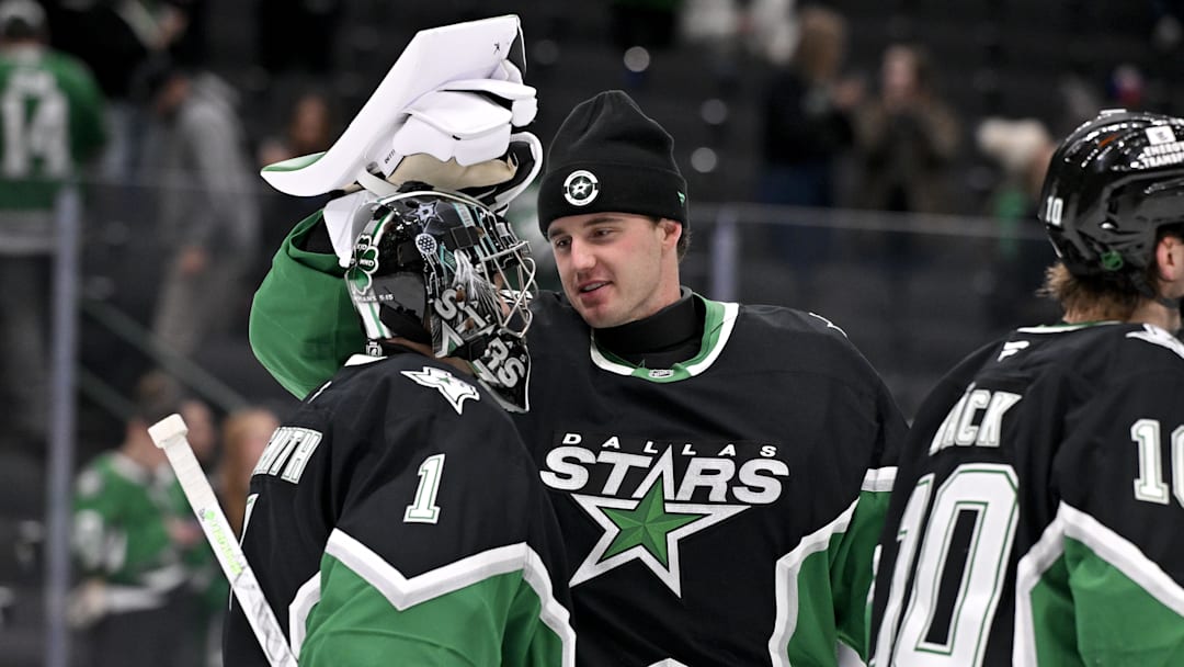 Nov 30, 2025; Dallas, Texas, USA; Dallas Stars goaltender Casey DeSmith (1) and goaltender Jake Oettinger (29) celebrate the Stars victory over the Ottawa Senators at the American Airlines Center. Mandatory Credit: Jerome Miron-Imagn Images