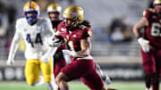 Nov 30, 2024; Chestnut Hill, Massachusetts, USA; Boston College Eagles wide receiver Lewis Bond (11) runs against the Pittsburgh Panthers during the second half at Alumni Stadium. Mandatory Credit: Brian Fluharty-Imagn Images