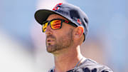 Apr 6, 2024; Minneapolis, Minnesota, USA; Cleveland Guardians bench coach Craig Albernaz (55) walks to the dugout after meeting with the umpires before the game against the Minnesota Twins at Target Field. Mandatory Credit: Matt Blewett-Imagn Images