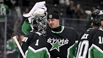 Nov 30, 2025; Dallas, Texas, USA; Dallas Stars goaltender Casey DeSmith (1) and goaltender Jake Oettinger (29) celebrate the Stars victory over the Ottawa Senators at the American Airlines Center. Mandatory Credit: Jerome Miron-Imagn Images