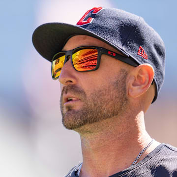 Apr 6, 2024; Minneapolis, Minnesota, USA; Cleveland Guardians bench coach Craig Albernaz (55) walks to the dugout after meeting with the umpires before the game against the Minnesota Twins at Target Field. Mandatory Credit: Matt Blewett-Imagn Images