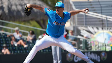 Mar 2, 2025; Jupiter, Florida, USA;  Miami Marlins pitcher John Rooney (79) pitches in the sixth inning against the St. Louis Cardinals at Roger Dean Chevrolet Stadium. Mandatory Credit: Jim Rassol-Imagn Images