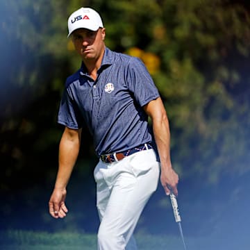Justin Thomas on the 14th green during a practice round of the Ryder Cup golf tournament at Bethpage Black. 