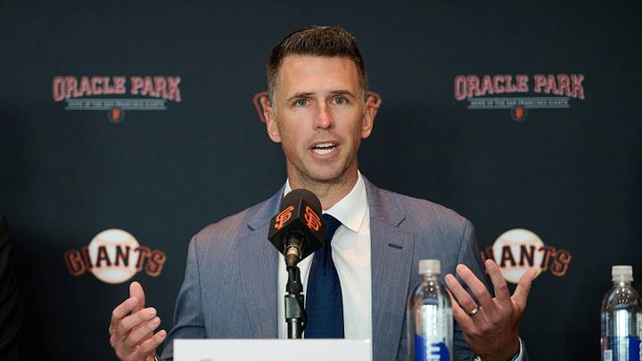 San Francisco, CA, USA; San Francisco Giants president of baseball operations Buster Posey addresses the media during an introductory press conference at Oracle Park.  Mandatory Credit: Robert Edwards-Imagn Images