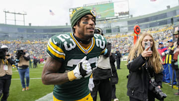 Oct 13, 2024; Green Bay, Wisconsin, USA;  Green Bay Packers cornerback Jaire Alexander (23) following the game against the Arizona Cardinals at Lambeau Field. Mandatory Credit: Jeff Hanisch-Imagn Images