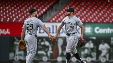 May 4, 2024; St. Louis, Missouri, USA;  Chicago White Sox right fielder Tommy Pham (28) celebrates with shortstop Paul DeJong (29) after the White Sox defeated the St. Louis Cardinals in ten innings at Busch Stadium. Mandatory Credit: Jeff Curry-USA TODAY Sports