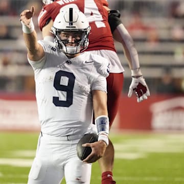 Oct 26, 2024; Madison, Wisconsin, USA;  Penn State Nittany Lions quarterback Beau Pribula (9) celebrates after earning a first down during the fourth quarter against the Wisconsin Badgers at Camp Randall Stadium.
