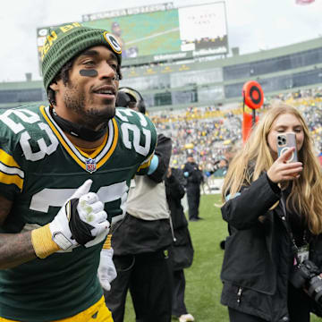 Oct 13, 2024; Green Bay, Wisconsin, USA;  Green Bay Packers cornerback Jaire Alexander (23) following the game against the Arizona Cardinals at Lambeau Field. Mandatory Credit: Jeff Hanisch-Imagn Images