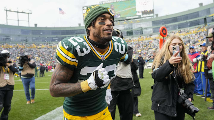Oct 13, 2024; Green Bay, Wisconsin, USA;  Green Bay Packers cornerback Jaire Alexander (23) following the game against the Arizona Cardinals at Lambeau Field. Mandatory Credit: Jeff Hanisch-Imagn Images