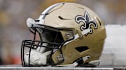 Sep 24, 2023; Green Bay, Wisconsin, USA;  An New Orleans Saints helmet during warmups prior to the game against the Green Bay Packers at Lambeau Field. Mandatory Credit: Jeff Hanisch-Imagn Images