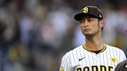 Oct 1, 2024; San Diego, California, USA; San Diego Padres pitcher Yu Darvish (11) before game one of the Wildcard round for the 2024 MLB Playoffs against the Atlanta Braves at Petco Park. Mandatory Credit: Denis Poroy-Imagn Images