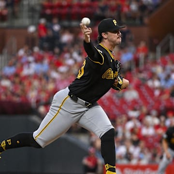 Sep 16, 2024; St. Louis, Missouri, USA; Pittsburgh Pirates starting pitcher Paul Skenes (30) pitches against the St. Louis Cardinals during the first inning at Busch Stadium. Mandatory Credit: Jeff Curry-Imagn Images