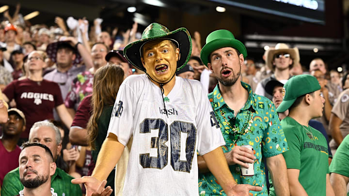 Aug 31, 2024; College Station, Texas, USA; Notre Dame Fighting Irish fans react during the second half against the Texas A&M Aggies at Kyle Field. Mandatory Credit: Maria Lysaker-Imagn Images