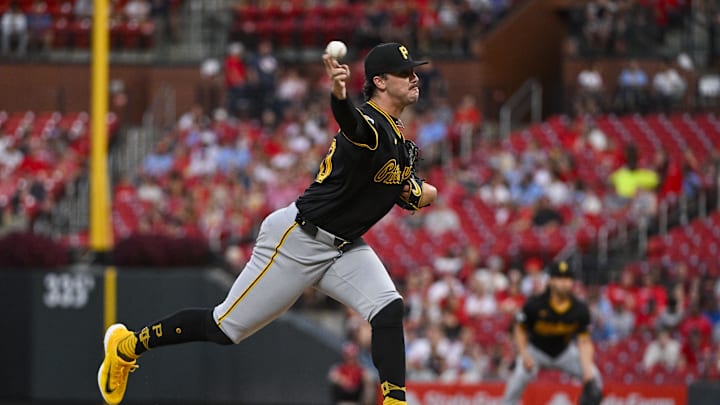 Sep 16, 2024; St. Louis, Missouri, USA; Pittsburgh Pirates starting pitcher Paul Skenes (30) pitches against the St. Louis Cardinals during the first inning at Busch Stadium. Mandatory Credit: Jeff Curry-Imagn Images