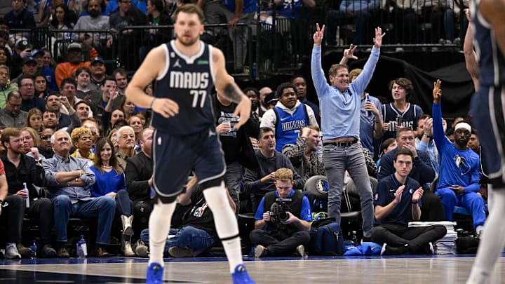 Mark Cuban celebrates Luka Doncic nailing a three-pointer during a game in December 2022. Mark Cuban celebrates Luka Doncic nailing a three-pointer during a game in December 2022.
