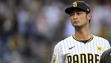 Oct 1, 2024; San Diego, California, USA; San Diego Padres pitcher Yu Darvish (11) before game one of the Wildcard round for the 2024 MLB Playoffs against the Atlanta Braves at Petco Park. Mandatory Credit: Denis Poroy-Imagn Images