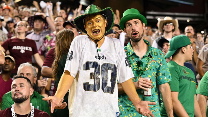 Aug 31, 2024; College Station, Texas, USA; Notre Dame Fighting Irish fans react during the second half against the Texas A&M Aggies at Kyle Field. 