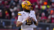 Nov 29, 2024; Madison, Wisconsin, USA;  Minnesota Golden Gophers quarterback Max Brosmer (16) during the game against the Wisconsin Badgers at Camp Randall Stadium.