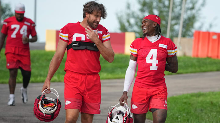 Jul 22, 2025; St. Joseph, MO, USA; Kansas City Chiefs tight end Travis Kelce (87) and wide receiver Rashee Rice (4) walk down the hill to the fields prior to training camp at Missouri Western State University. Mandatory Credit: Denny Medley-Imagn Images
