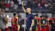 Jun 23, 2024; Arlington, TX, USA; United States head coach Gregg Berhalter acknowledges the fans after USA shuts out Bolivia 2-0 in a 2024 Copa America match at AT&T Stadium. Mandatory Credit: Jerome Miron-Imagn Images