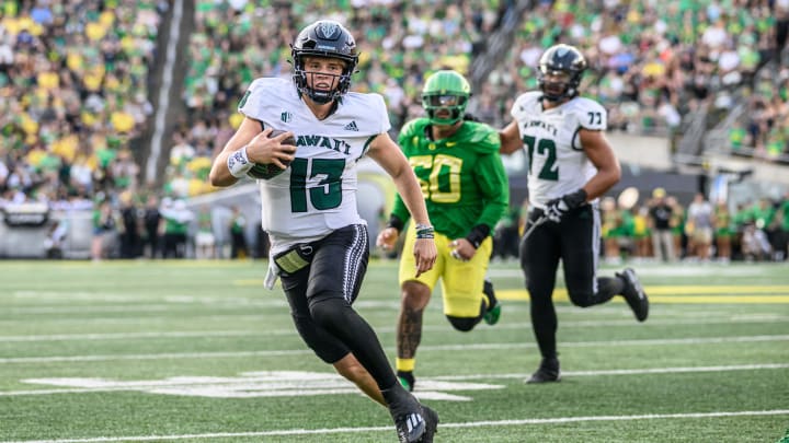 Sep 16, 2023; Eugene, Oregon, USA; Hawaii Warriors quarterback Brayden Schager (13) in the second quarter at Autzen Stadium. Mandatory Credit: Craig Strobeck-USA TODAY Sports