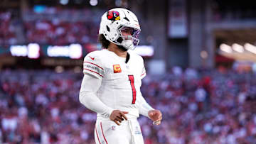 Dec 15, 2024; Glendale, Arizona, USA; Arizona Cardinals quarterback Kyler Murray (1) looks on against the New England Patriots during the second half at State Farm Stadium. Mandatory Credit: Joe Camporeale-Imagn Images