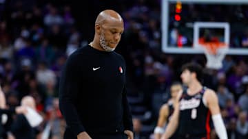Mar 27, 2025; Sacramento, California, USA; Portland Trail Blazers head coach Chauncey Billups calls a time out during the fourth quarter against the Sacramento Kings at Golden 1 Center. Mandatory Credit: Sergio Estrada-Imagn Images