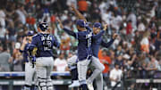 May 31, 2025; Houston, Texas, USA; Tampa Bay Rays designated hitter Junior Caminero (13) celebrates with teammates after the game against the Houston Astros at Daikin Park.