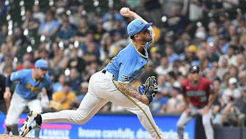 Sep 20, 2024; Milwaukee, Wisconsin, USA; Milwaukee Brewers pitcher DL Hall (37) delivers a pitch against the Arizona Diamondbacks in the fifth inning at American Family Field. Mandatory Credit: Michael McLoone-Imagn Images