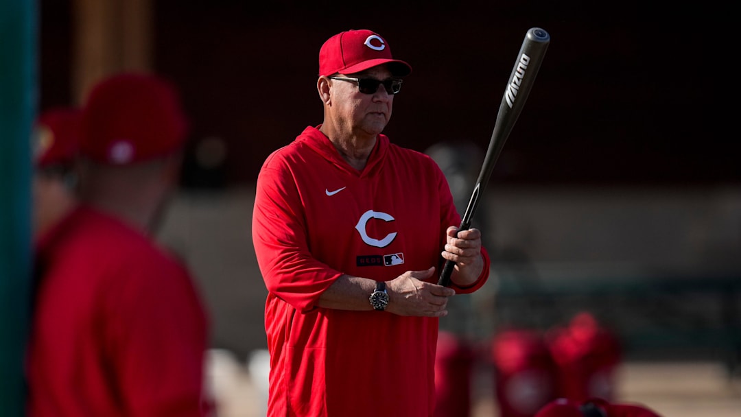 Cincinnati Reds manager Terry Francona (77) looks on during warm ups at the Cincinnati Reds player development complex in Goodyear, Ariz., on Thursday, Feb. 12, 2026.
