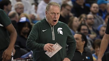 Feb 4, 2025; Los Angeles, California, USA; Michigan State Spartans head coach Tom Izzo reacts in the second half against the UCLA Bruins at Pauley Pavilion presented by Wescom. Mandatory Credit: Jayne Kamin-Oncea-Imagn Images
