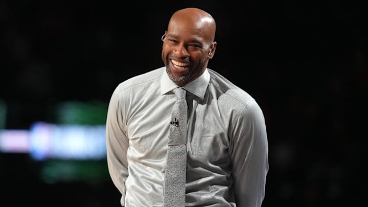 Feb 13, 2026; Inglewood, California, USA; Team Vince honorary coach Vince Carter looks on during an NBA All Star Rising Stars game at Intuit Dome. Mandatory Credit: Kirby Lee-Imagn Images
