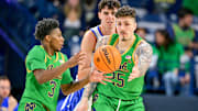 Feb 22, 2025; South Bend, Indiana, USA; Notre Dame Fighting Irish forward Nikita Konstantynovskyi (25) passes the ball to guard Markus Burton (3) in the first half against the Pittsburgh Panthers at the Purcell Pavilion. 