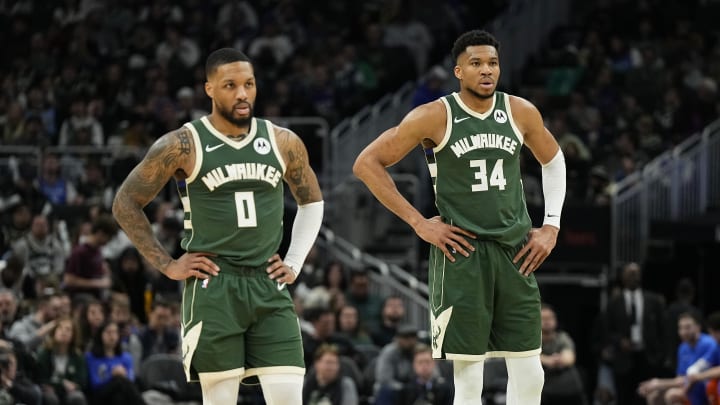 Milwaukee Bucks forward Giannis Antetokounmpo (34) and guard Damian Lillard (0) during the game against the Oklahoma City Thunder at Fiserv Forum. 