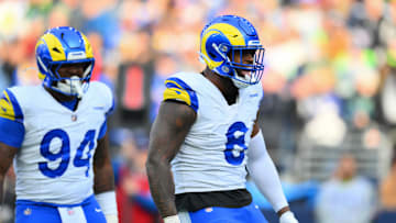 Nov 3, 2024; Seattle, Washington, USA; Los Angeles Rams linebacker Jared Verse (8) celebrates after sacking Seattle Seahawks quarterback Geno Smith (7) (not pictured) during the first half at Lumen Field. Mandatory Credit: Steven Bisig-Imagn Images
