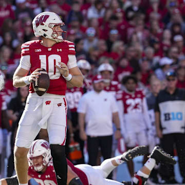 Sep 7, 2024; Madison, Wisconsin, USA;  Wisconsin Badgers quarterback Tyler Van Dyke (10) looks to throw a pass during the third quarter against the South Dakota Coyotes at Camp Randall Stadium. Mandatory Credit: Jeff Hanisch-Imagn Images