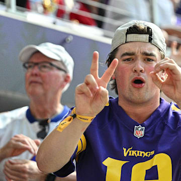 Sep 15, 2024; Minneapolis, Minnesota, USA; Minnesota Vikings fans react during the game against the San Francisco 49ers at U.S. Bank Stadium. Mandatory Credit: Jeffrey Becker-Imagn Images