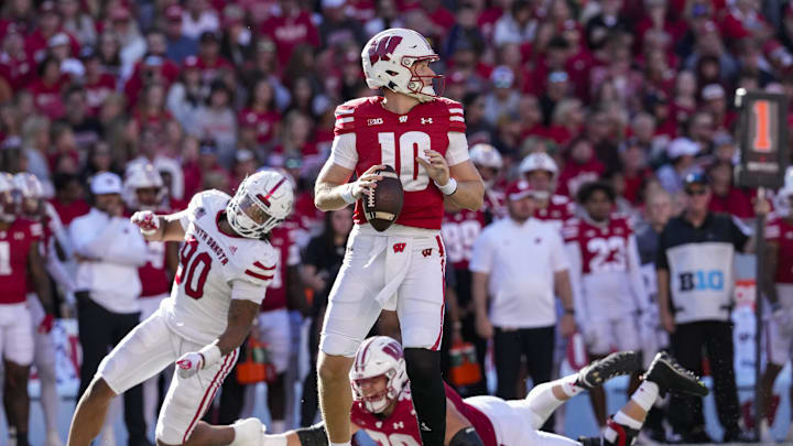 Sep 7, 2024; Madison, Wisconsin, USA;  Wisconsin Badgers quarterback Tyler Van Dyke (10) looks to throw a pass during the third quarter against the South Dakota Coyotes at Camp Randall Stadium. Mandatory Credit: Jeff Hanisch-Imagn Images