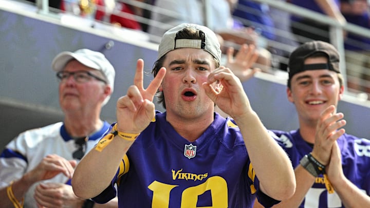 Sep 15, 2024; Minneapolis, Minnesota, USA; Minnesota Vikings fans react during the game against the San Francisco 49ers at U.S. Bank Stadium. Mandatory Credit: Jeffrey Becker-Imagn Images