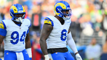 Nov 3, 2024; Seattle, Washington, USA; Los Angeles Rams linebacker Jared Verse (8) celebrates after sacking Seattle Seahawks quarterback Geno Smith (7) (not pictured) during the first half at Lumen Field. Mandatory Credit: Steven Bisig-Imagn Images