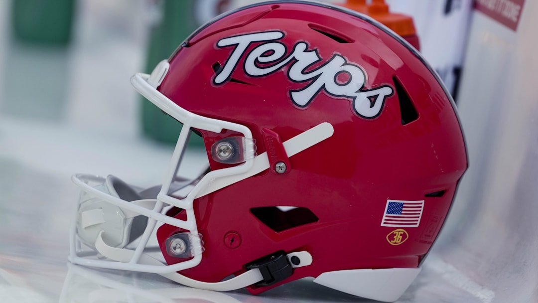 Maryland Terrapins helmet during warmups prior to the game against the Wisconsin Badgers at Camp Randall Stadium. 