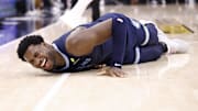 Nov 30, 2025; Sacramento, California, USA; Memphis Grizzlies forward/center Jaren Jackson Jr. (8) on the floor after a shot against the Sacramento Kings during the second quarter at Golden 1 Center. Mandatory Credit: Kelley L Cox-Imagn Images