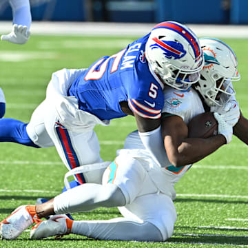 Nov 3, 2024; Orchard Park, New York, USA; Buffalo Bills cornerback Kaiir Elam (5).