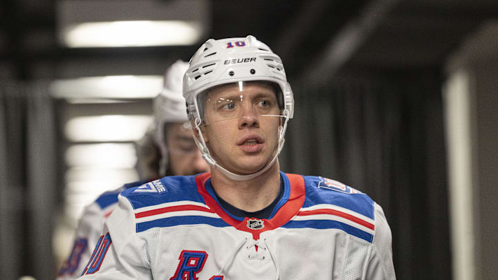 Jan 23, 2026; San Jose, California, USA;  New York Rangers left wing Artemi Panarin (10) before the start of warm ups against the San Jose Sharks at SAP Center at San Jose. Mandatory Credit: Stan Szeto-Imagn Images