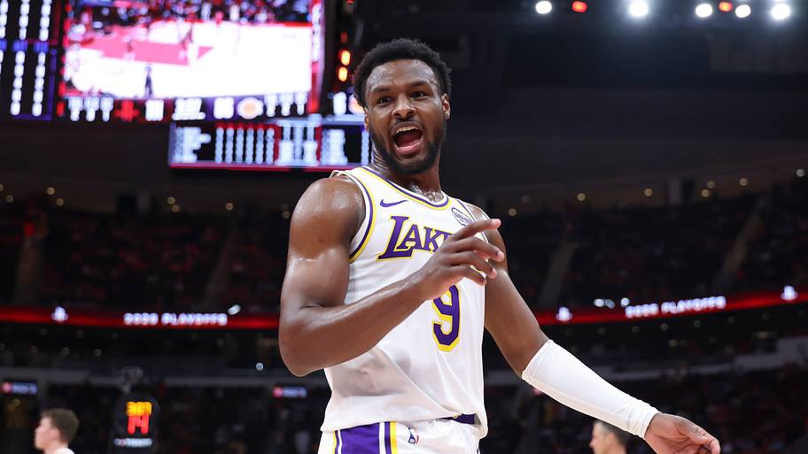 Los Angeles Lakers guard Bronny James reacts after a play during the fourth quarter against the Houston Rockets.