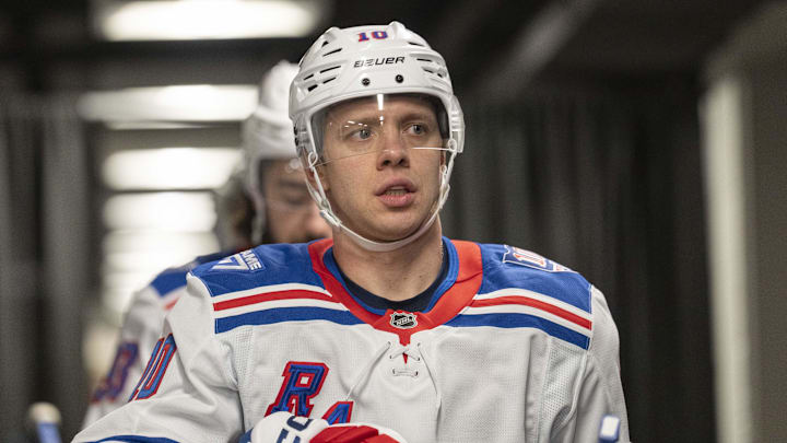 Jan 23, 2026; San Jose, California, USA;  New York Rangers left wing Artemi Panarin (10) before the start of warm ups against the San Jose Sharks at SAP Center at San Jose. Mandatory Credit: Stan Szeto-Imagn Images