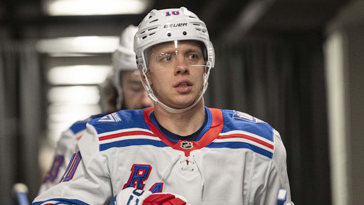 Jan 23, 2026; San Jose, California, USA;  New York Rangers left wing Artemi Panarin (10) before the start of warm ups against the San Jose Sharks at SAP Center at San Jose. Mandatory Credit: Stan Szeto-Imagn Images