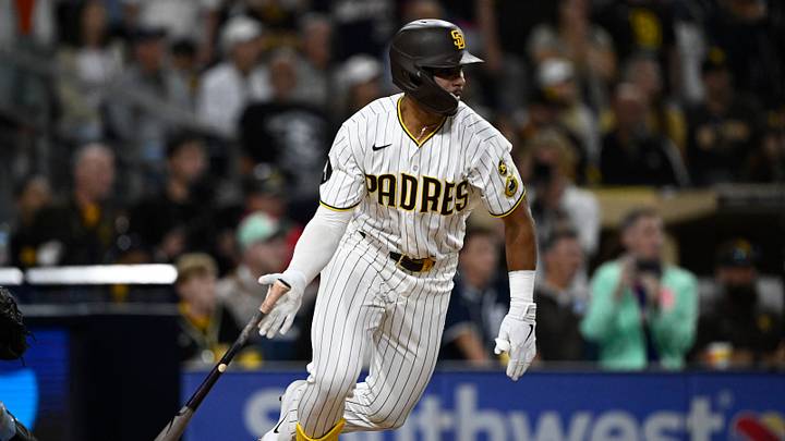 Sep 19, 2026; San Diego, California, USA;  San Diego Padres pinch hitter Ethan Salas (8) hits a walk-off single during the tenth inning against the Miami Marlins at Petco Park.  Mandatory Credit: Denis Poroy-Imagn Images