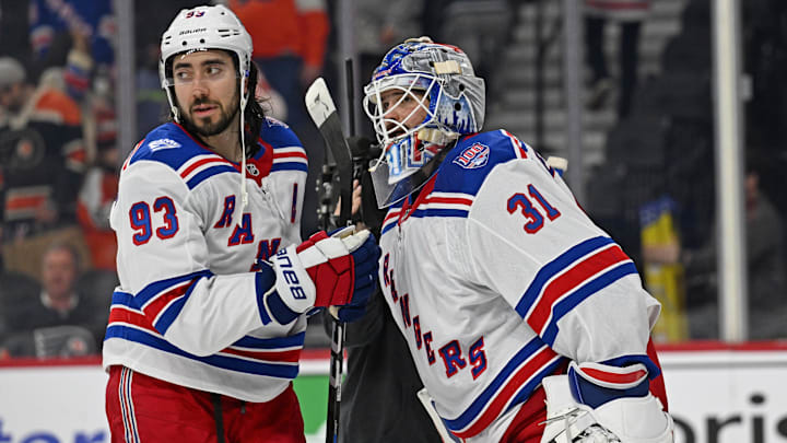 Mar 9, 2026; Philadelphia, Pennsylvania, USA; New York Rangers center Mika Zibanejad (93) and goaltender Igor Shesterkin (31) celebrate win against the Philadelphia Flyers at Xfinity Mobile Arena. Mandatory Credit: Eric Hartline-Imagn Images